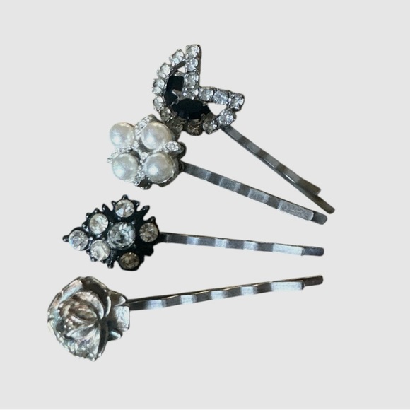 Black Pearl and Rhinestone Hair Pins Vintage Repurposed Jewelry Formal Elegant - Picture 2 of 4